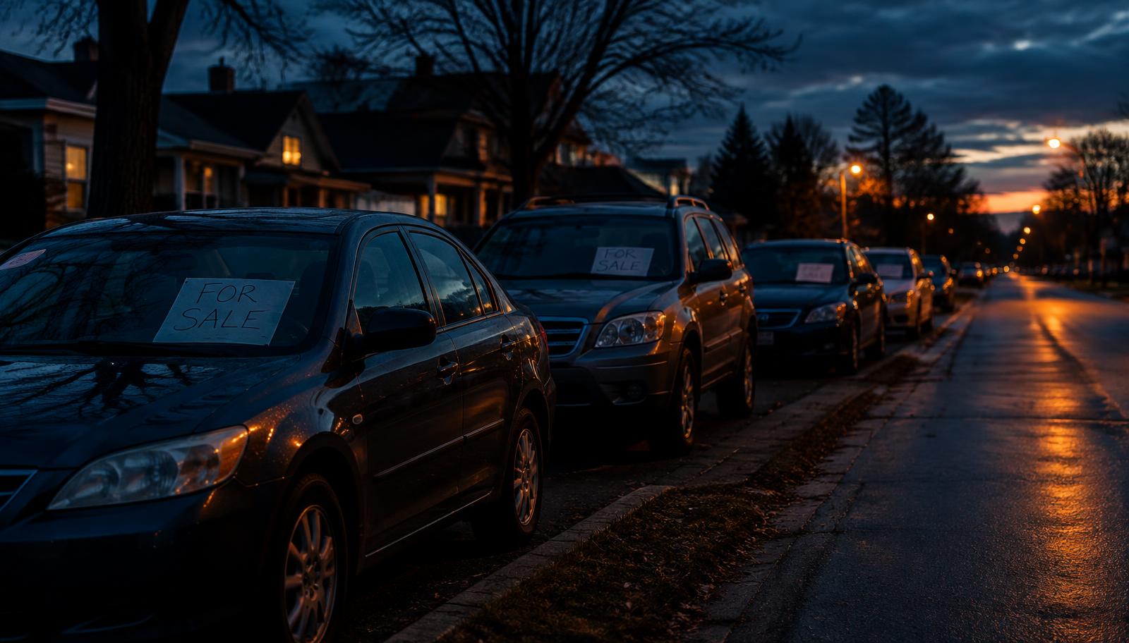Cars with for-sale signs parked on a street at dusk